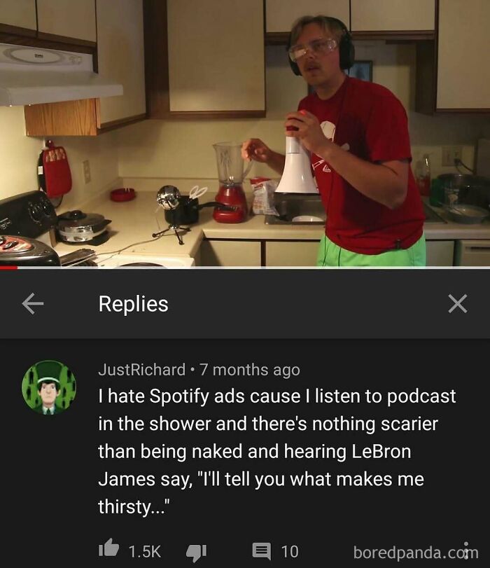 A man holding a megaphone in a kitchen, above a YouTube comment about scary Spotify ads, showcasing humorous YouTube comments.