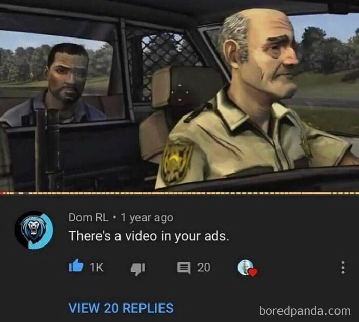 Two animated men in a car, with a YouTube comment about finding gold after scrolling down and a video in ads.