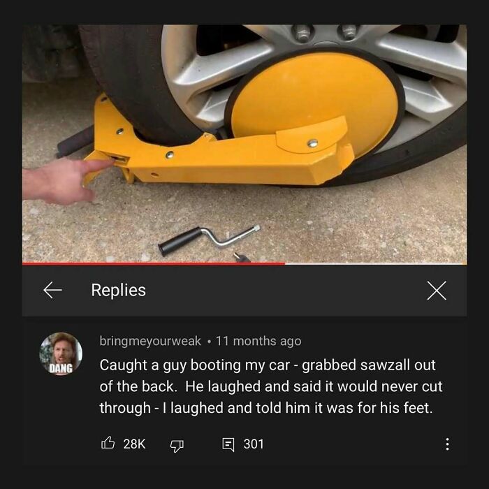 A YouTube comment of someone finding gold after scrolling down to the comment section after being booted for a car wheel clamp.