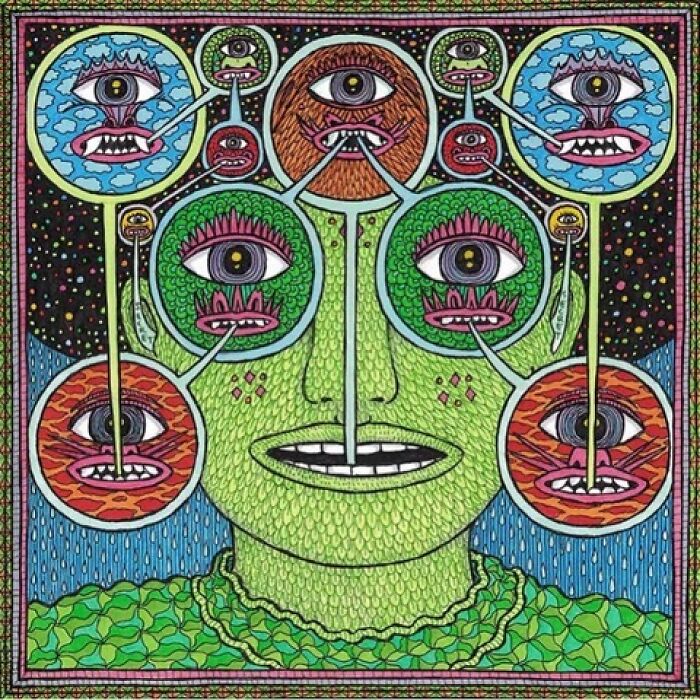 Theo Ellsworth artwork of a green figure with several eyes and colorful connected faces