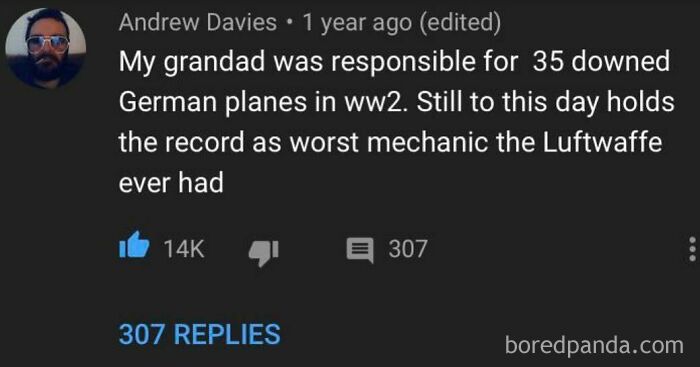 A funny YouTube comment section meme about a grandad and planes, showing people found gold.