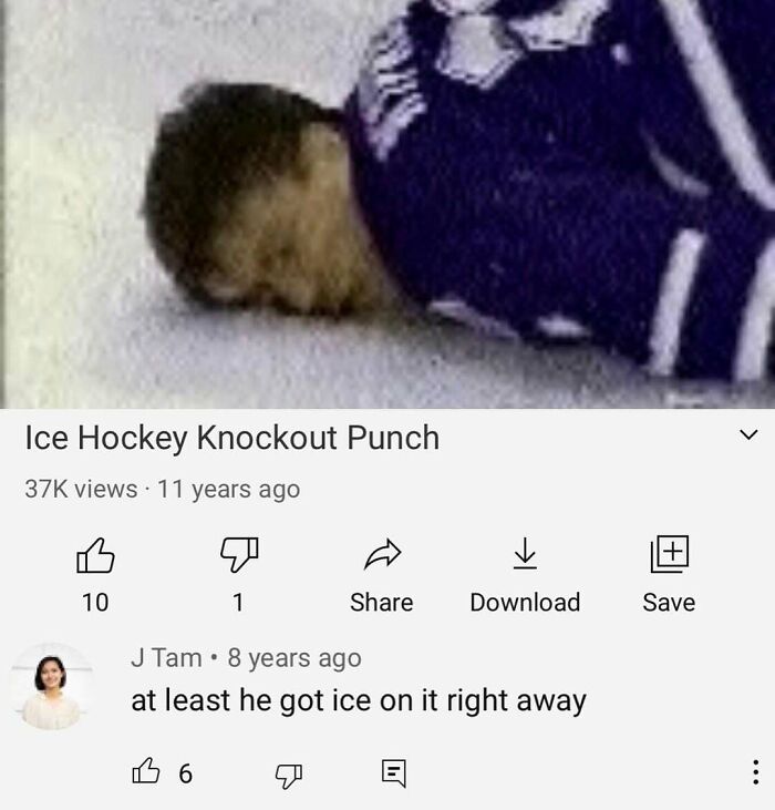 A screenshot of a video titled Ice Hockey Knockout Punch with a funny YouTube comment, a moment of gold.