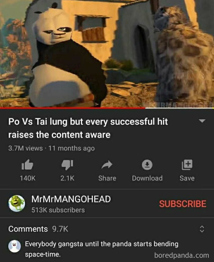 A funny YouTube comment section meme about Po from Kung Fu Panda, showing people found gold.