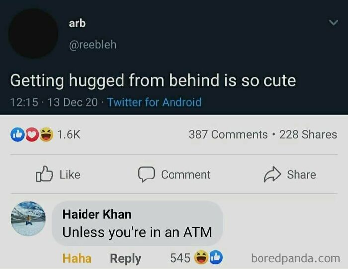 A social media post about hugs with a funny comment section about ATM safety.