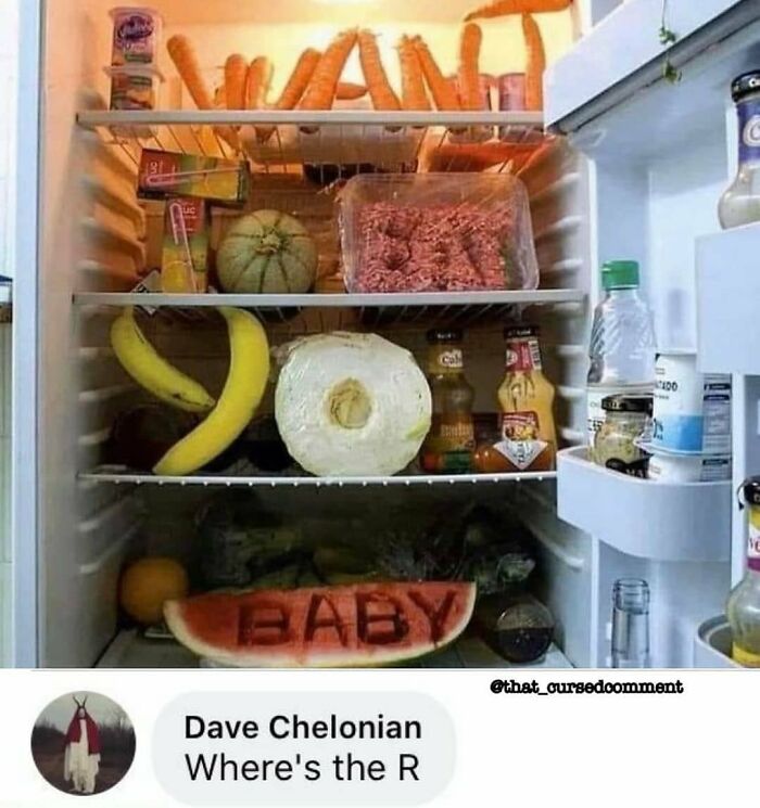 Refrigerator with food spelling out WANT BABY and a funny comment section question.