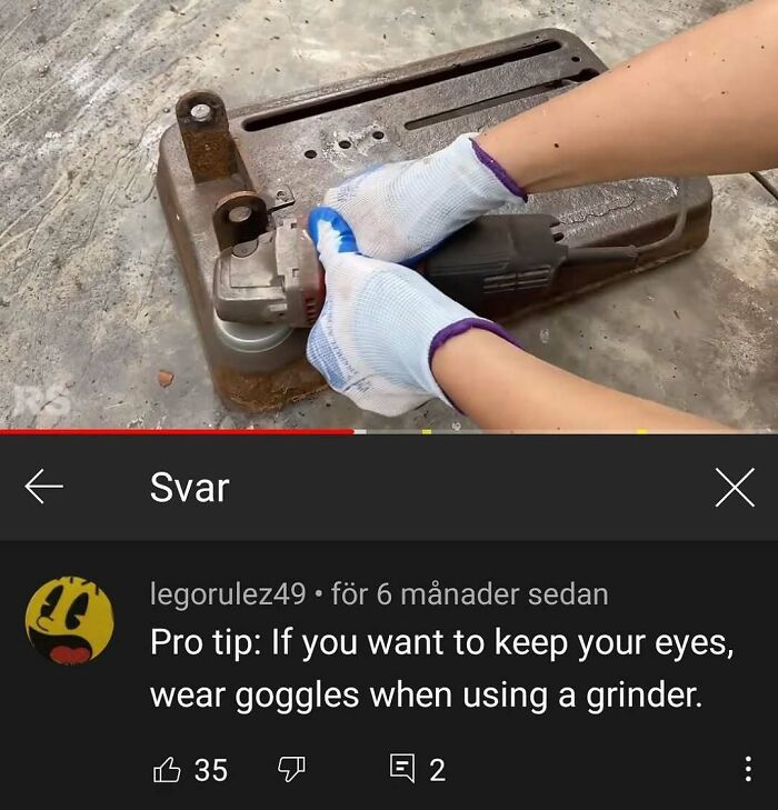 Hands wearing gloves operating a grinder, with a YouTube comment finding gold on safety and goggles.