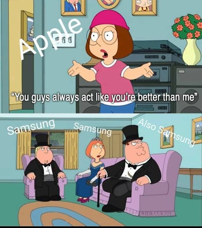 Family Guy meme with characters representing Apple and Samsung rivalry
