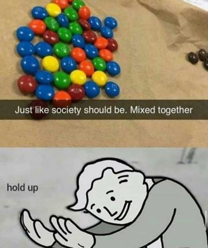 Edgy meme with colorful candies mixed and cartoon character saying hold up