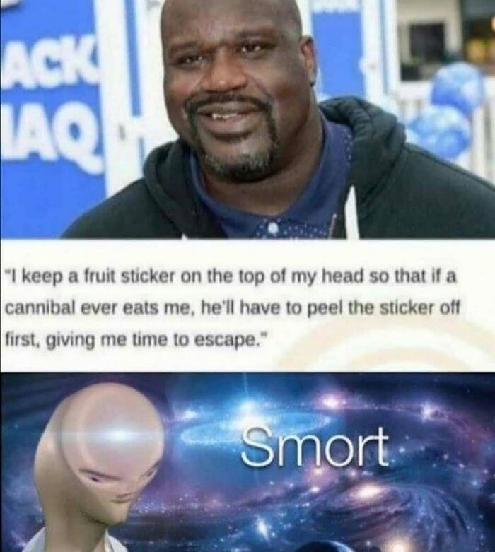 Edgy meme about a fruit sticker on head to escape cannibal and caption smart