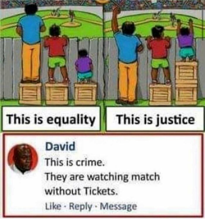 Equality vs justice meme with kids watching a match without tickets