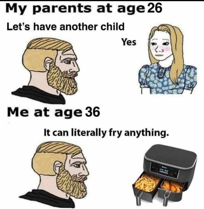 Edgy meme comparing parents having kids at 26 to 36-year-old using air fryer