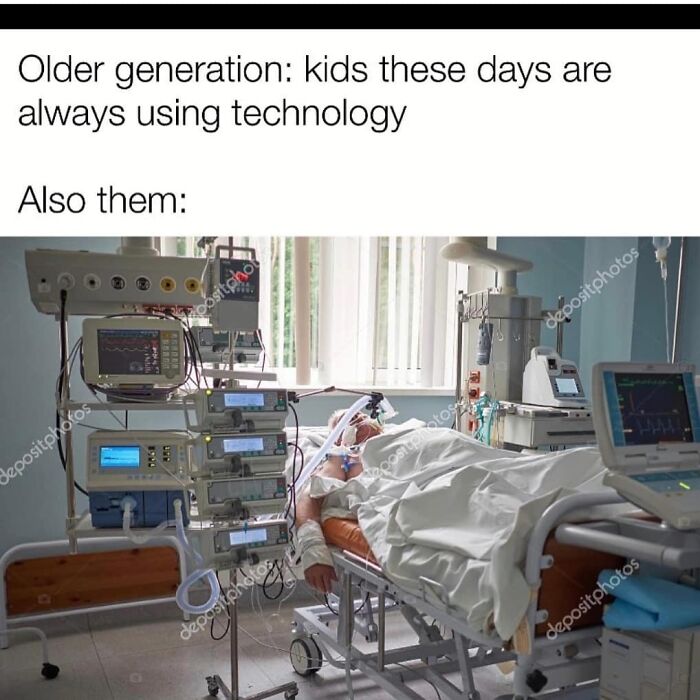 Older generation meme about kids using technology with hospital patient image