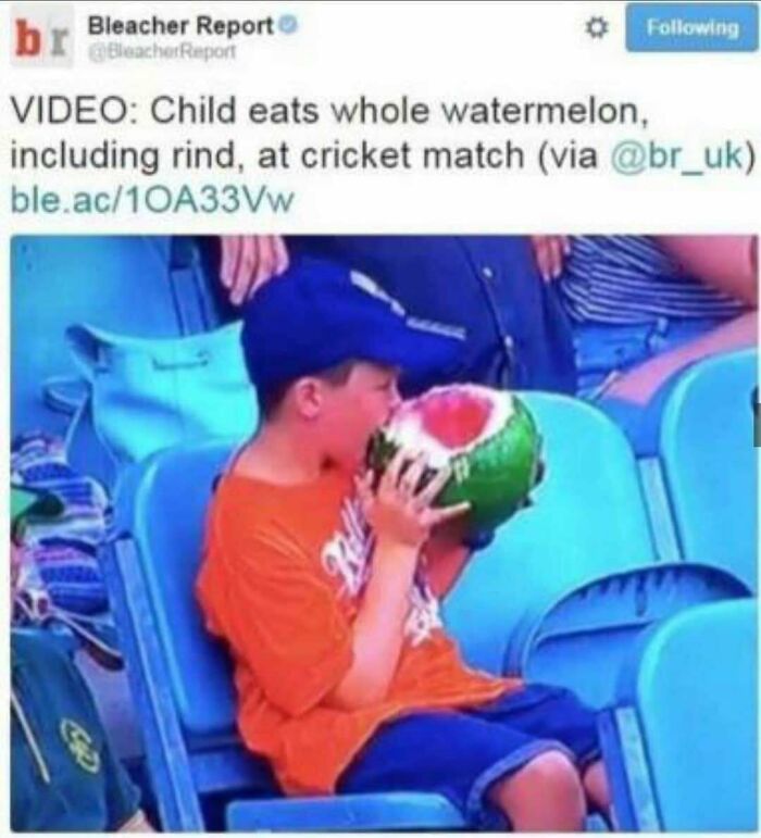 Edgy meme showing a child eating whole watermelon including rind at cricket match