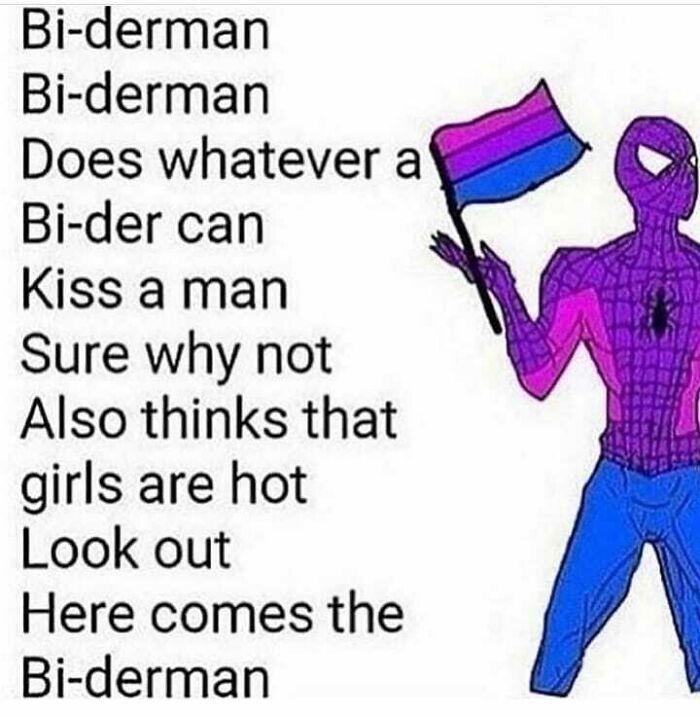 Humorous poem about Bi-derman with a character holding a bisexual pride flag