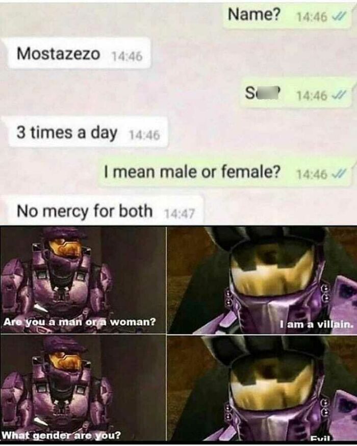 Edgy meme about gender identity with villain character dialogue.