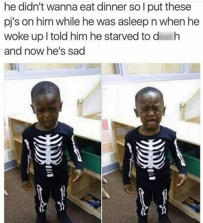 Edgy meme with child in skeleton pajamas looking sad and crying