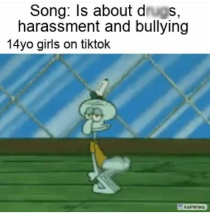Edgy meme with cartoon squid dancing about harassment and bullying on TikTok