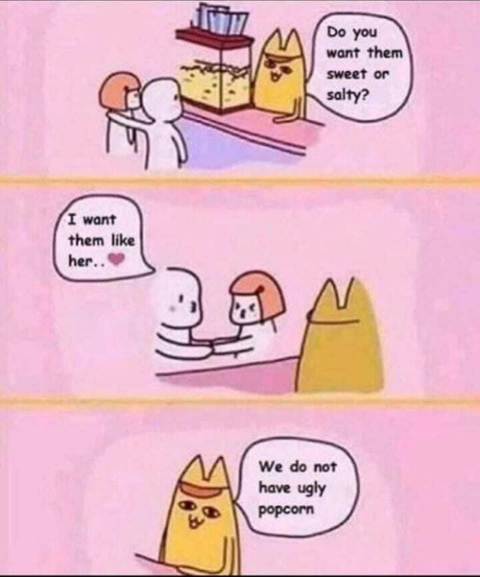 Cartoon meme about popcorn with characters discussing sweet or salty popcorn