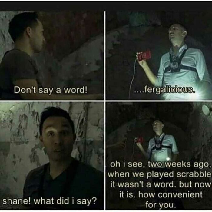 Scrabble word dispute meme with two men and dialogue about word legality
