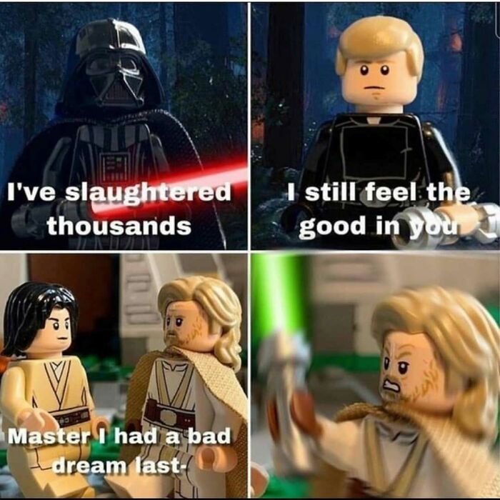Star Wars LEGO meme depicting Darth Vader, Luke, and Obi-Wan with edgy captions