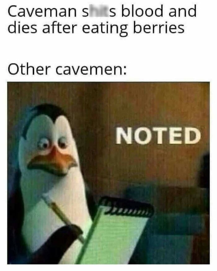 Funny edgy meme with penguin noting caveman dying after eating berries