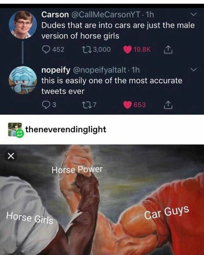 Meme comparing car guys and horse girls with arm wrestling labeled horsepower