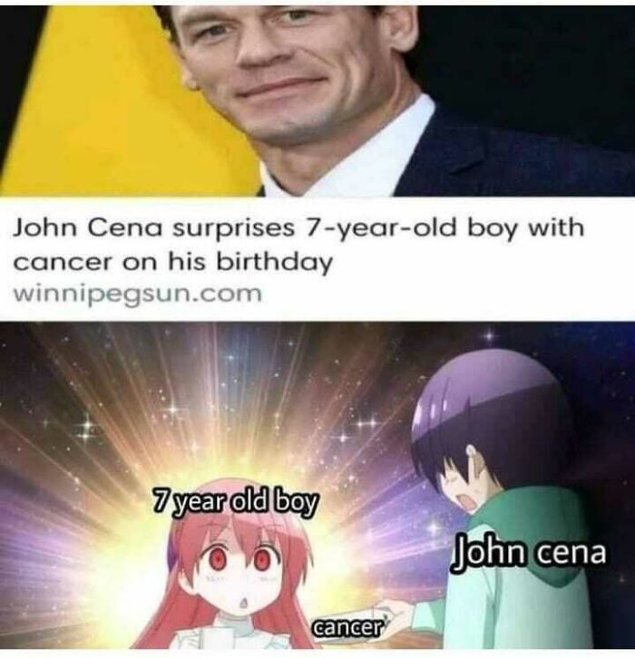 Edgy meme with John Cena surprising a 7-year-old boy with cancer