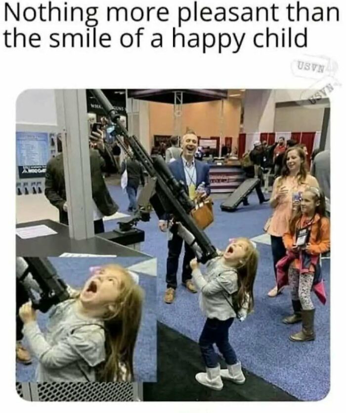 Edgy meme of a happy child excited by holding a large gun