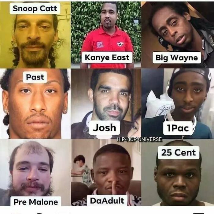 Edgy meme of rappers humorously renamed with wordplay on their names