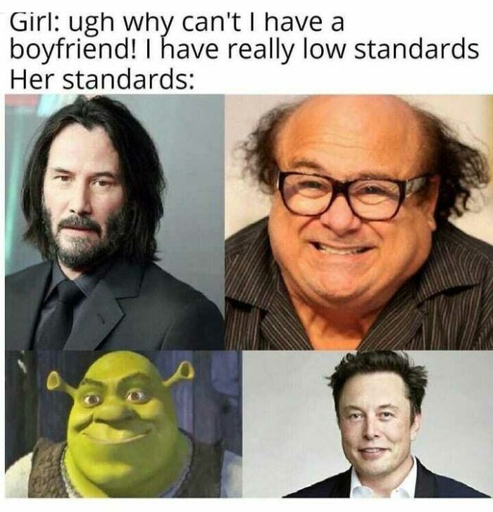 Funny meme about girl low boyfriend standards with celebrity images