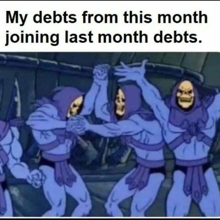 Edgy meme showing cartoon characters representing debts joining together