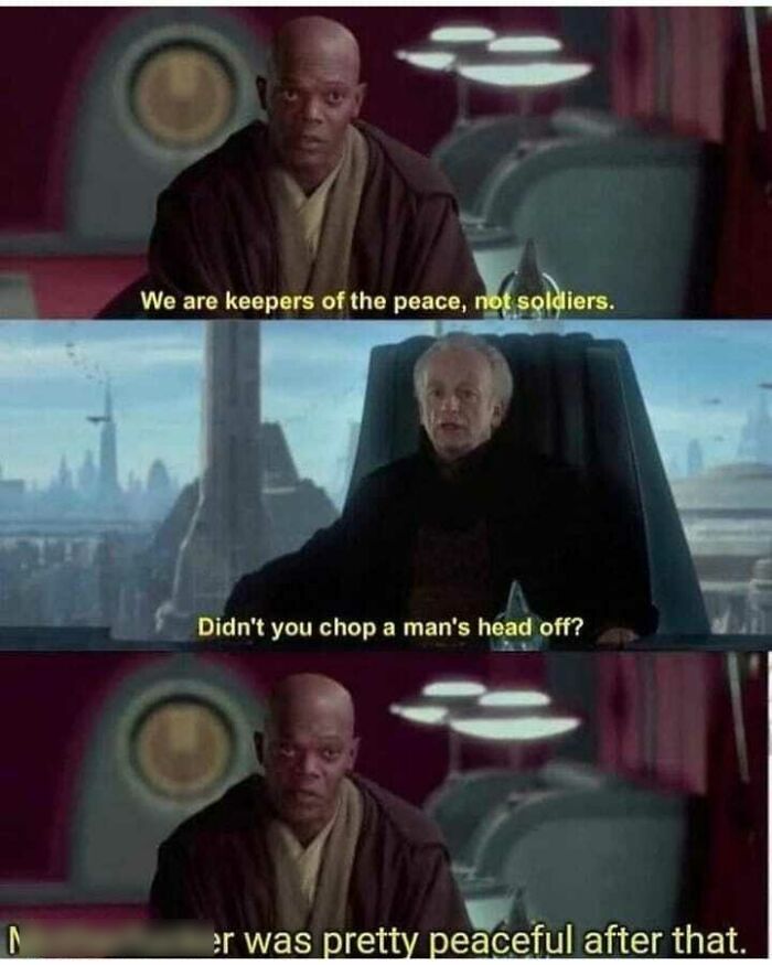 Star Wars meme about peacekeepers questioning chopping heads off