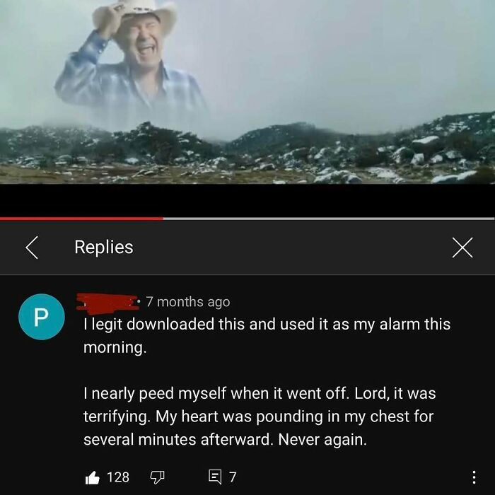 A man shouting in a YouTube video above a comment describing the terror of using a loud video as an alarm, showing funny YouTube comments.