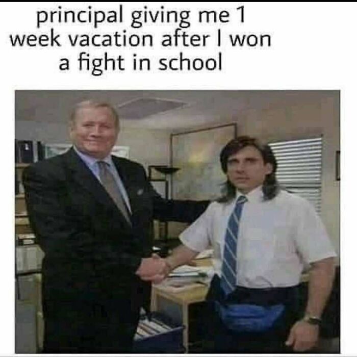 Principal shaking hands with student giving week vacation after school fight meme
