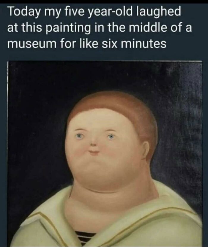 Painting of funny chubby person laughed at by five-year-old in museum