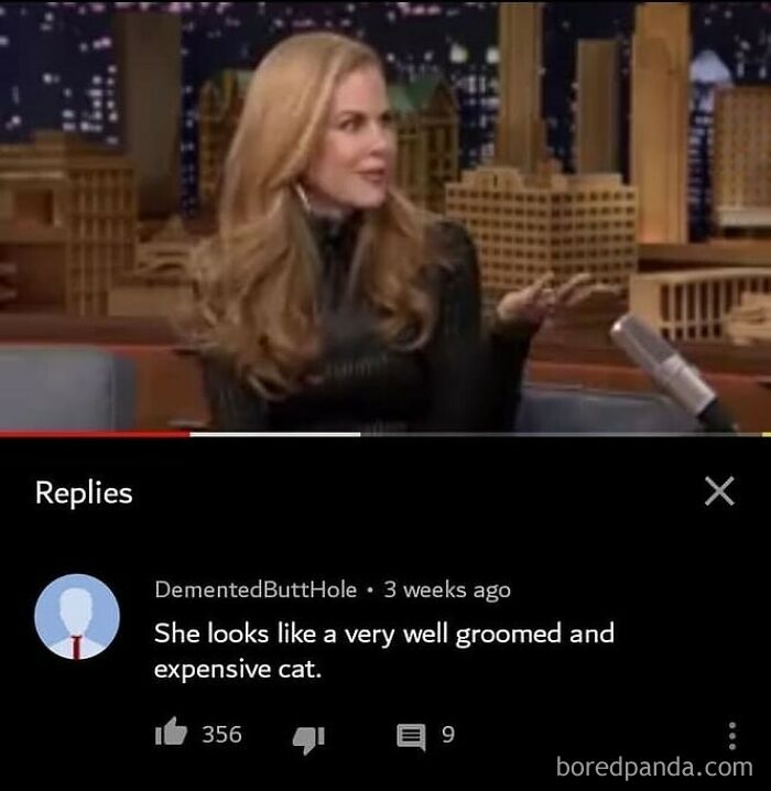 Nicole Kidman on a talk show, a YouTube comment finding gold and describing her as a groomed, expensive cat.