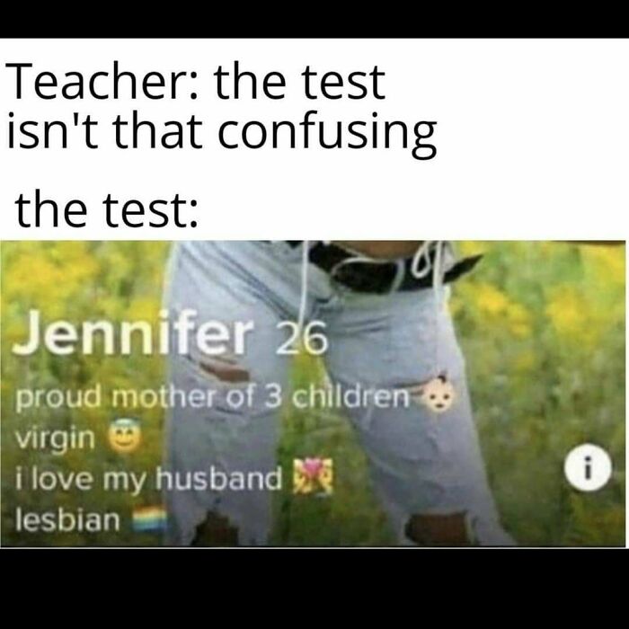 Confusing test meme featuring Tinder profile with contradictory traits