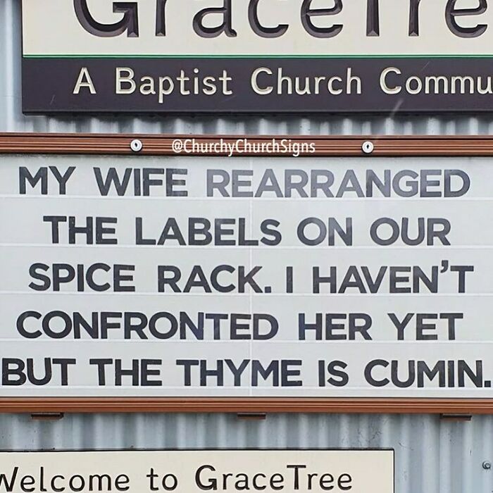 Funny church sign pun about spice rack labels and thyme is cumin