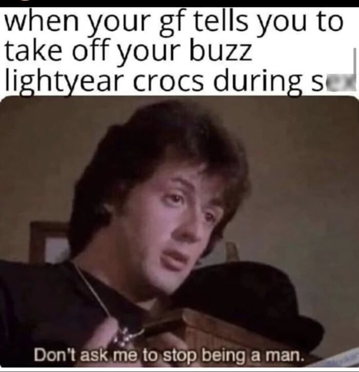 Edgy meme about Buzz Lightyear crocs and manhood with man in black shirt