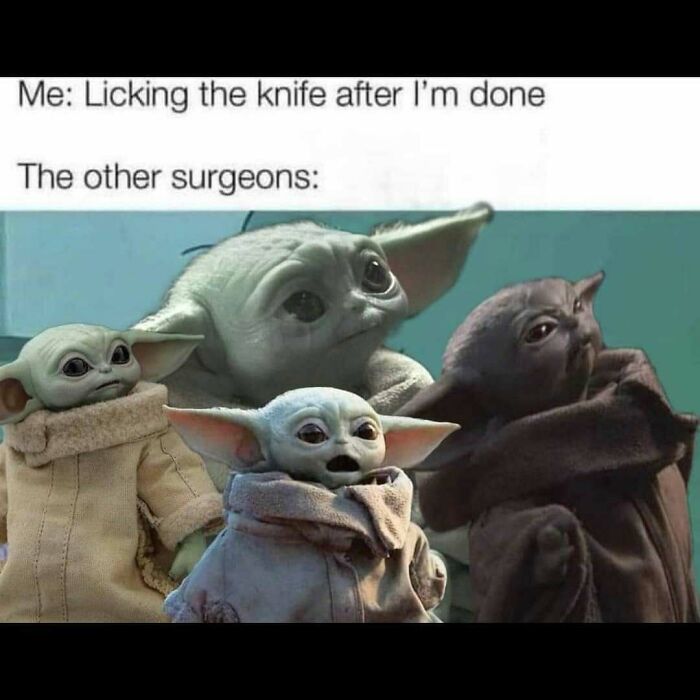 Baby Yoda characters reacting to licking knife joke in surgeon meme