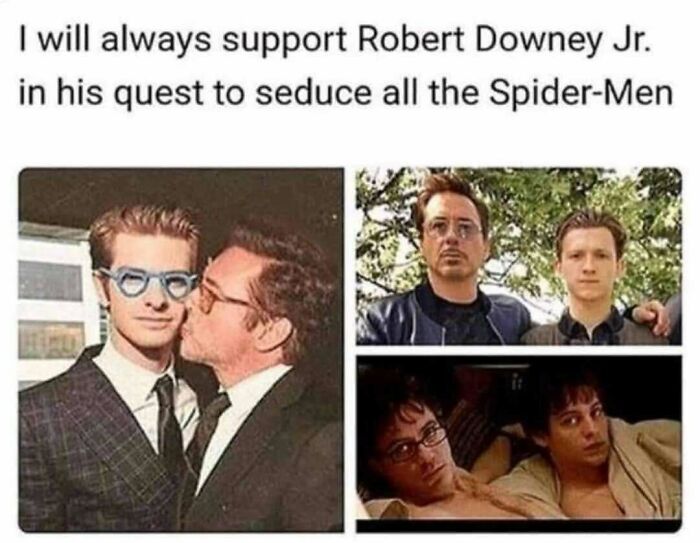 Funny edgy meme featuring Robert Downey Jr. with Spider-Men characters