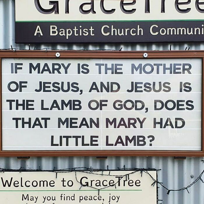 GraceTree church sign joke about Mary and Jesus with a little lamb pun