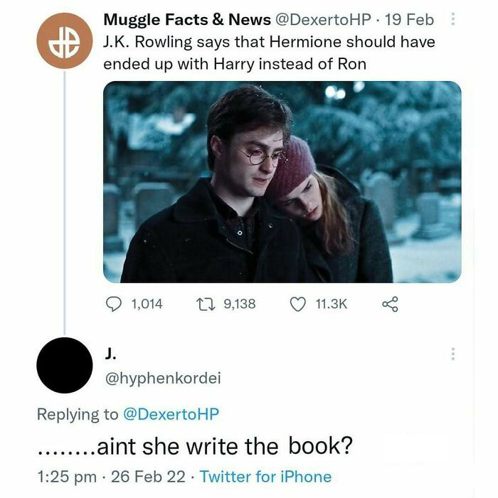 A perfect reply on Twitter about J.K. Rowling and Hermione. The comment questions Rowling's authority.