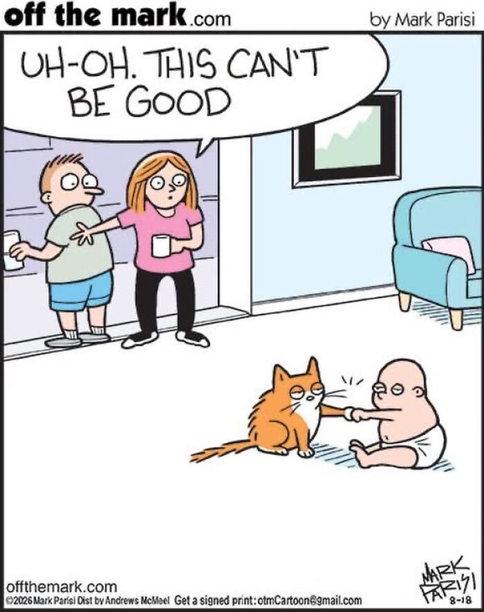 A worried couple watches their baby and cat shake hands, in a humorous comic by Mark Parisi.