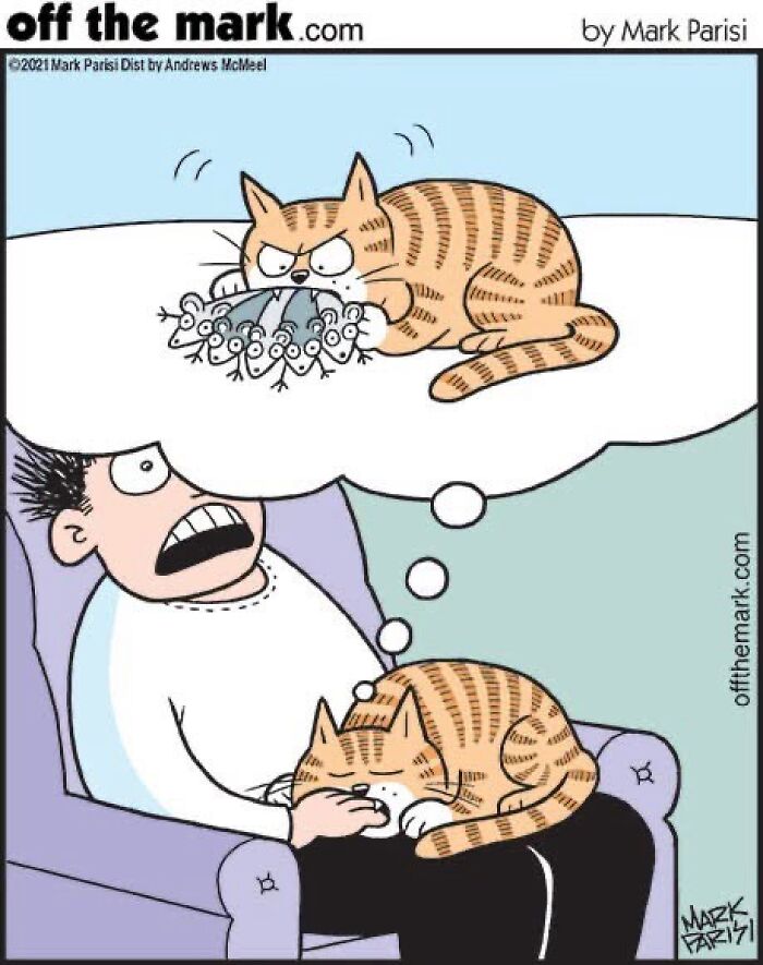 Cat owner nervously watching his cat sleep while dreaming of catching mice, in a Mark Parisi comic.