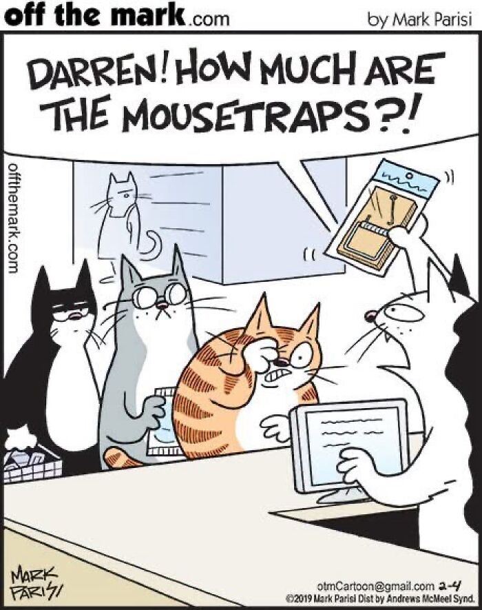 Mark Parisi comics featuring cats buying a mousetrap at a store register.