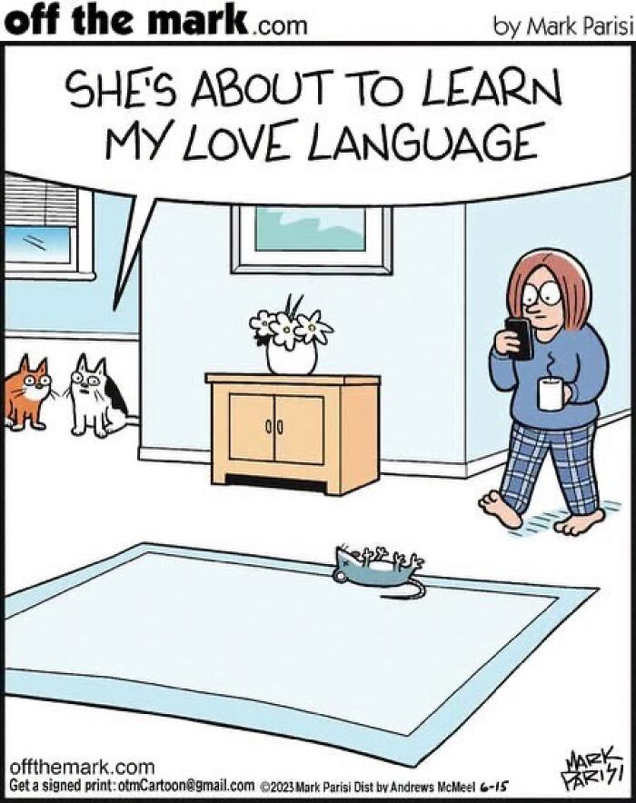 Comic by Mark Parisi where a cat leaves a d**d mouse on the rug as its love language.