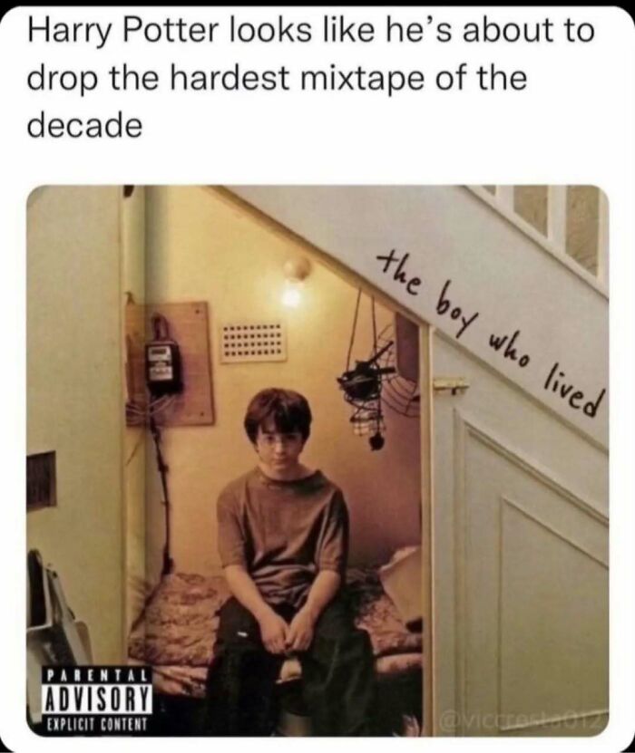 Edgy meme showing Harry Potter as a mixtape cover with caption about hardest mixtape