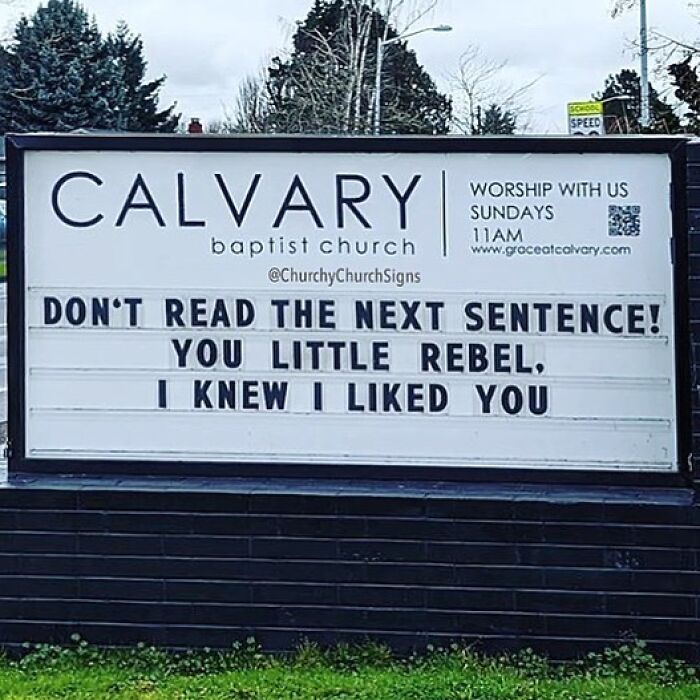 Playful church sign teasing readers as rebels at Calvary Baptist Church