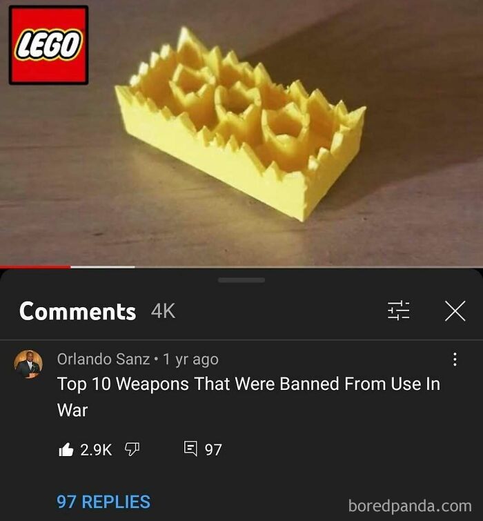 A LEGO brick with sharp edges and a YouTube comment finding gold: Top 10 Weapons Banned From War.